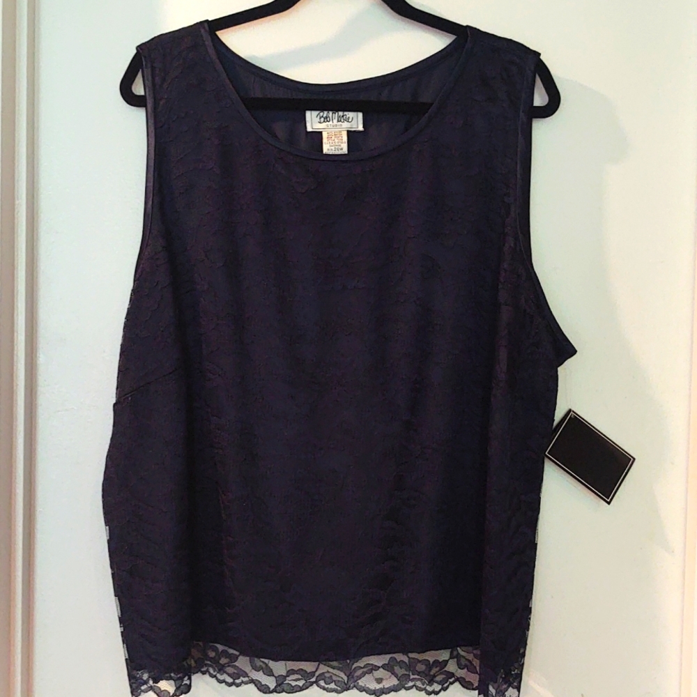 Bob Mackie saphire sleeveless top, 26w lace, rayon,nylon